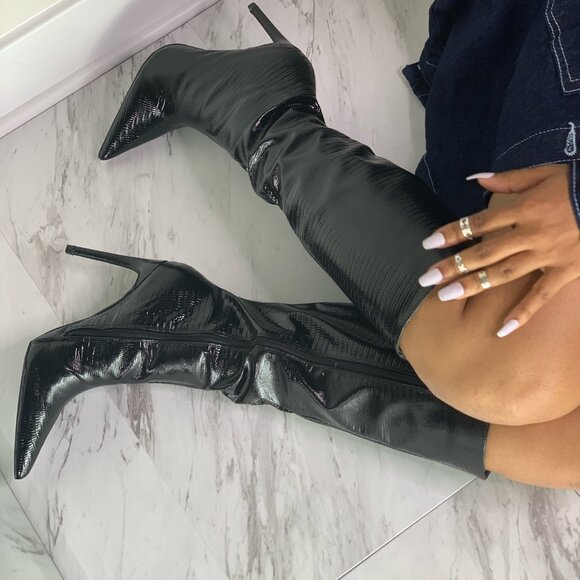 Roxi Croc Thigh Heel Boots - Picture 2 of 3